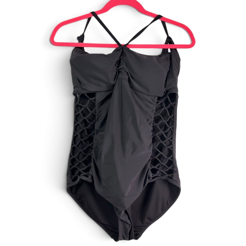ashley graham x swimsuits for all black one piece swimsuit sz 16 lattice cutout